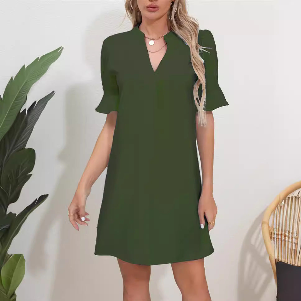 Damklänning – Kortärmad – V-ringning – Volangärm – Ledig Passform – Lätt Tyg