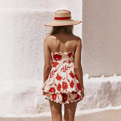 Damset tvådelat – linne – avslappnad passform – kort topp & shorts – blommigt mönster – spetsdetaljer