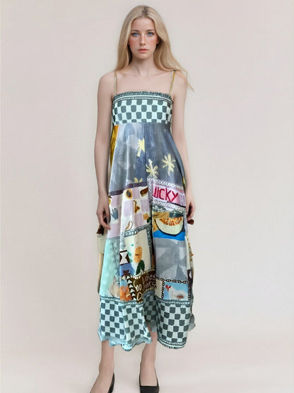 Damklänning lång – Abstrakt mönster – Smala axelband – Löst sittande luftig passform