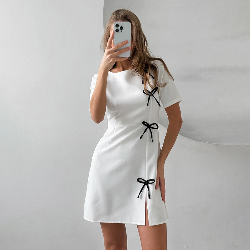 Damklänning A-linje – Kortärmad – Rund halsringning – Rosett – Mini elegant stil