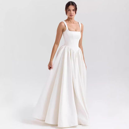 Damklänning maxi – Figursydd midja – Fyrkantig halsringning – Utställd kjol – Bomull