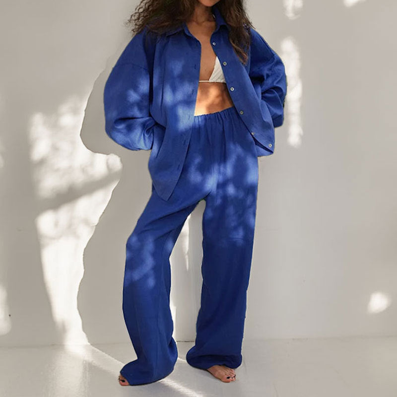 Damset med skjorta och byxor – Linneblandning – Oversize passform – Ledig stil