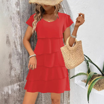 Damklänning – Avslappnad Passform – Kort Ärms – Volangsydd A-Linje – Luftigt Tyg