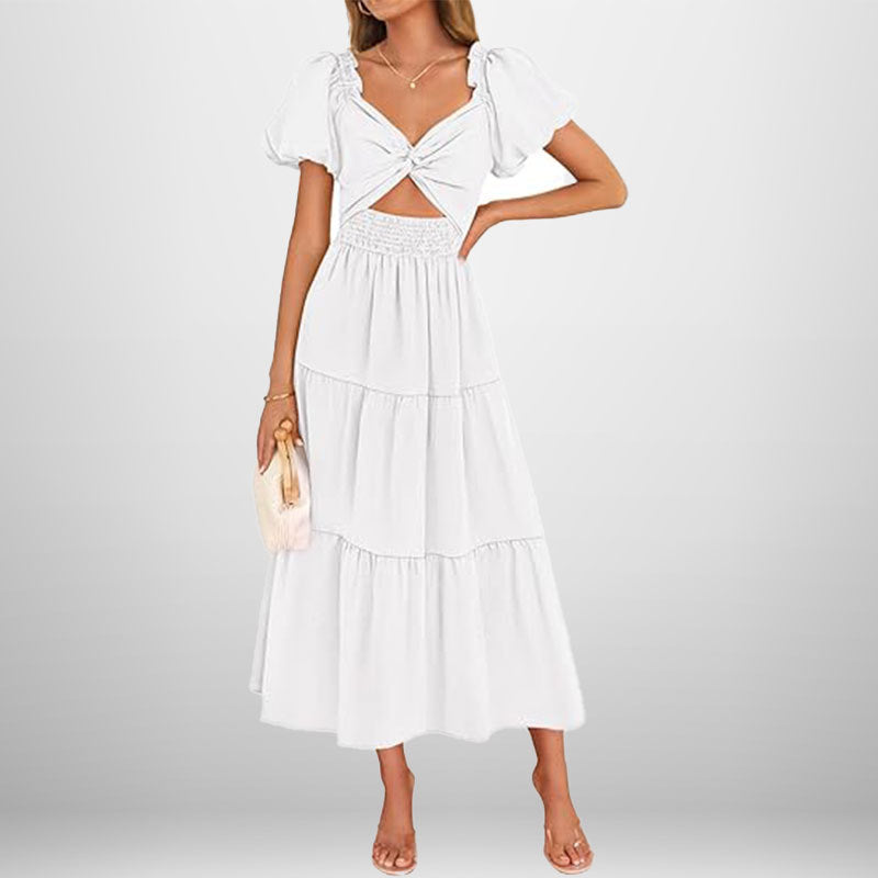 Damklänning – Smockad Midja – V-Ringning med Twist – Puffärm – A-Linjeskuren