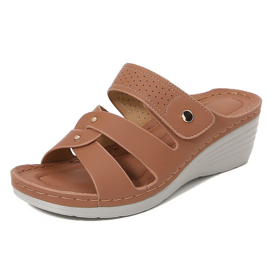 Dam Sandaler med Kilklack – Öppen Tå – Slip-On – Mjuk Sula – Dekorativa Remmar