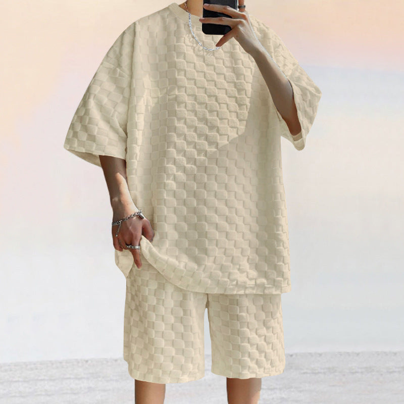 Herrset – Jacquardstickad T-shirt med Lös Passform & Raka Shorts – Andasmaterial