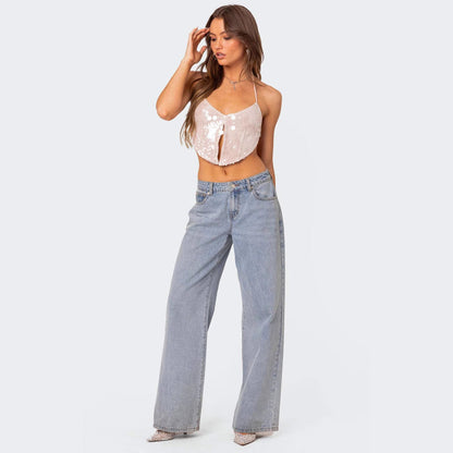 Dam Crop Top – Paljett – Figurnära Passform – Halterneck – Djup V-ringning – Festtop
