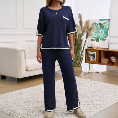 Dam Lounge Set – Stickad – Avslappnad Passform – Vida Byxor – Kontrastdetaljer