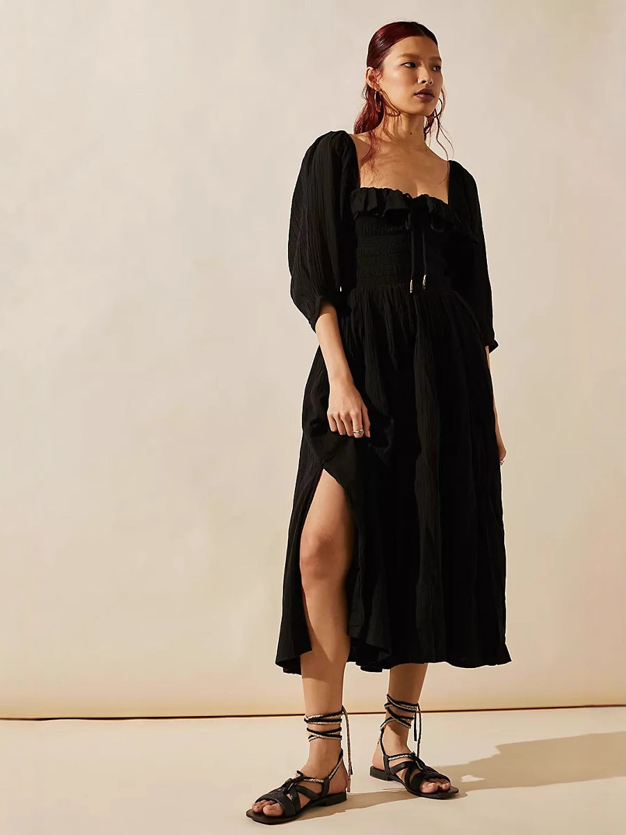 Damklänning A-linje – Bomullsblandning – V-ringning med volang – Smockmidja – Lång ärm