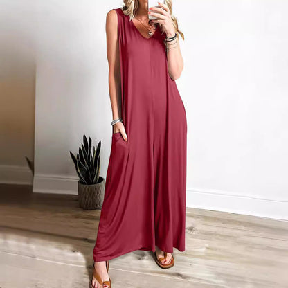 Damklänning – Maxilängd – Ärmös med V-ringning – Mjuk Stickad – Ledig Passform med Fickor