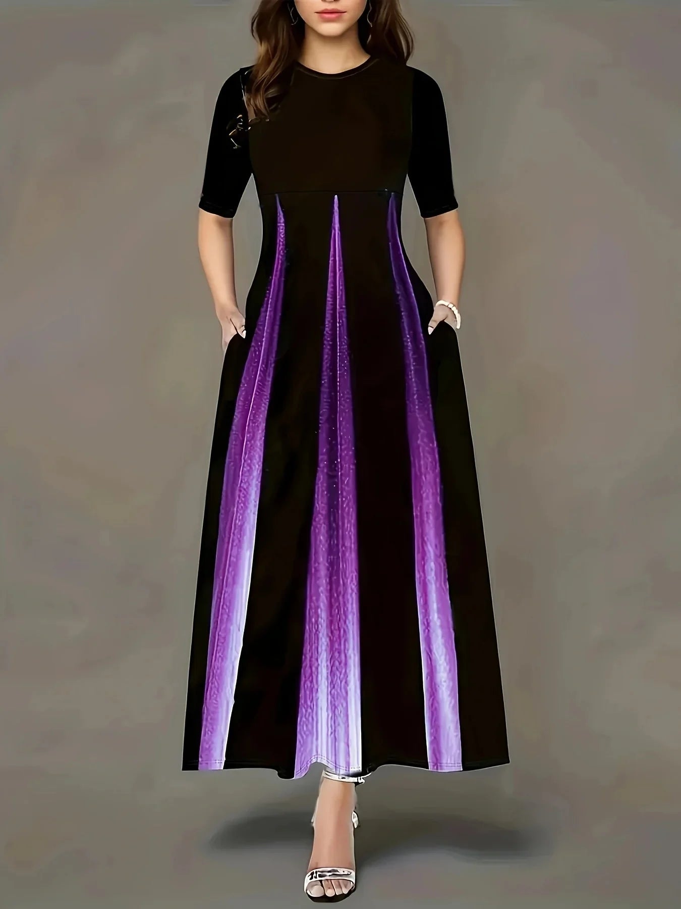 Damklänning – Maxilängd – Plisserad Kjol – Kort Ärm – Sidofickor