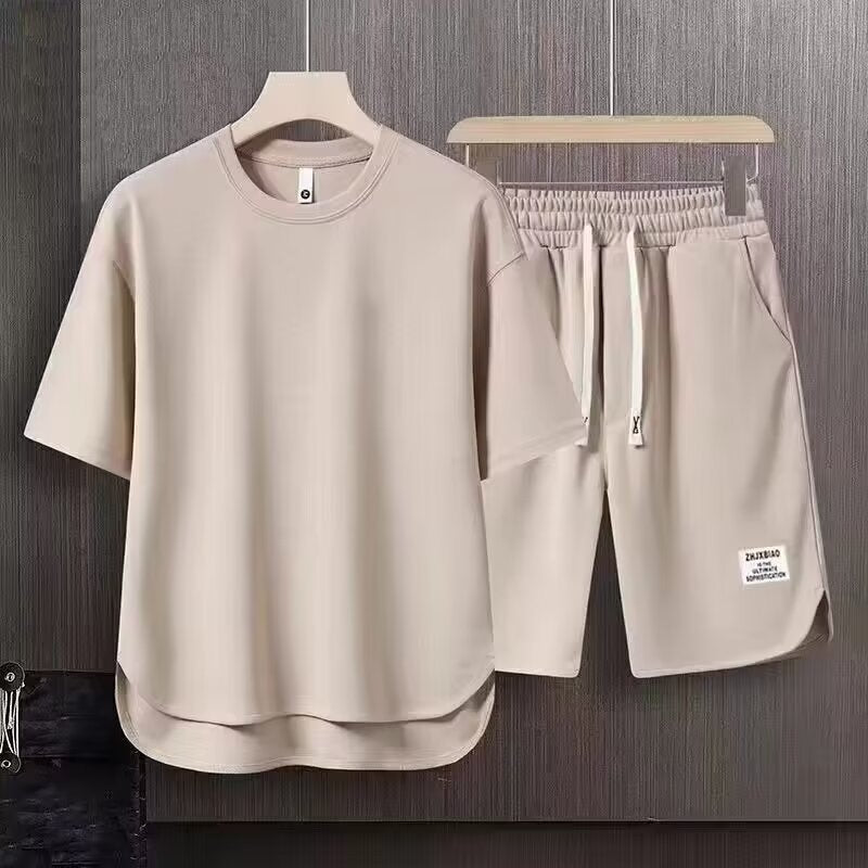 Herr Träningsset – Bomull – Avslappnad Passform – T-shirt & Shorts med Dragsko