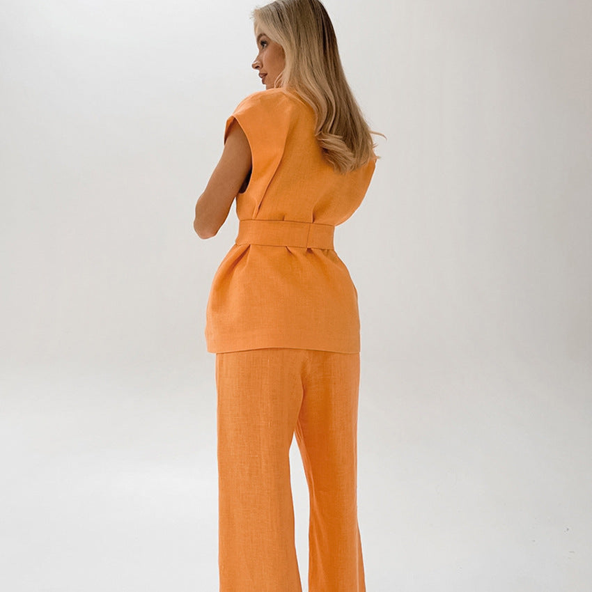 Damset med ärmlös topp och vida byxor – Avslappnad passform – Bälte – Luftig design