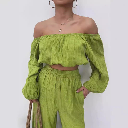 Damset – Off-Shoulder Croptopp – Vida Högmidjade Byxor – Lätt och Andningsbar