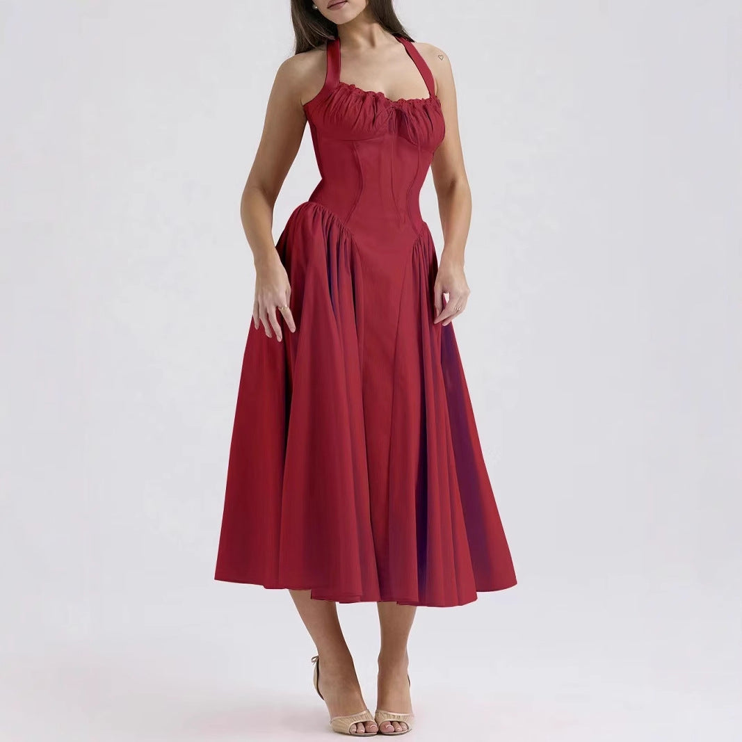 Damklänning – Slim Fit – Halterneck – Rygglös – Rynkad Liv – Midilång Vidd Kjol