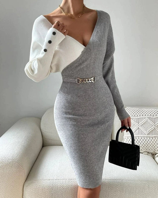 Klänning Dam Midi – Slim Fit – V-ringning – Ribbstickad – Asymmetrisk ärm – KedjeDetalj