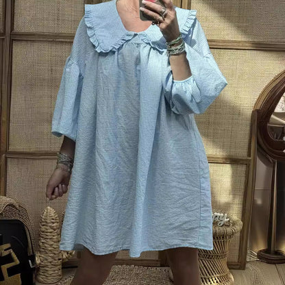 Damklänning A-linje – Bomull – Rutig – Rynkad Peter Pan-krage – Ballongärm