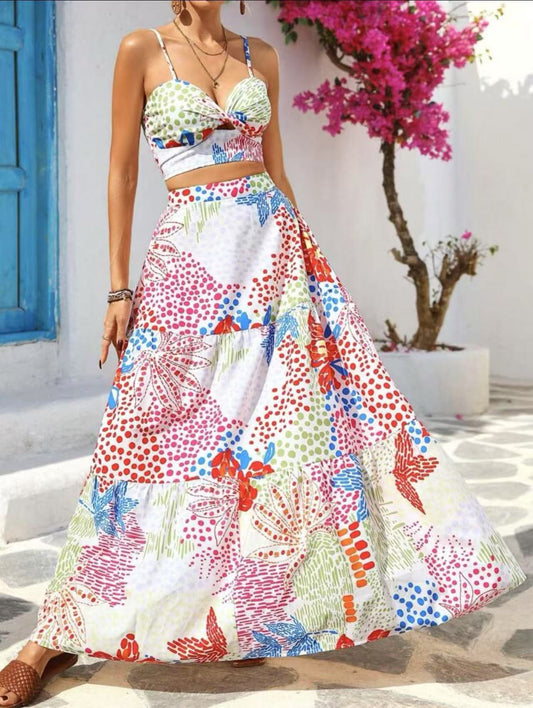 Damset – Ärmlös Crop Top – A-linjekjol i Bomullsblandning – Lätt och Andningsbar