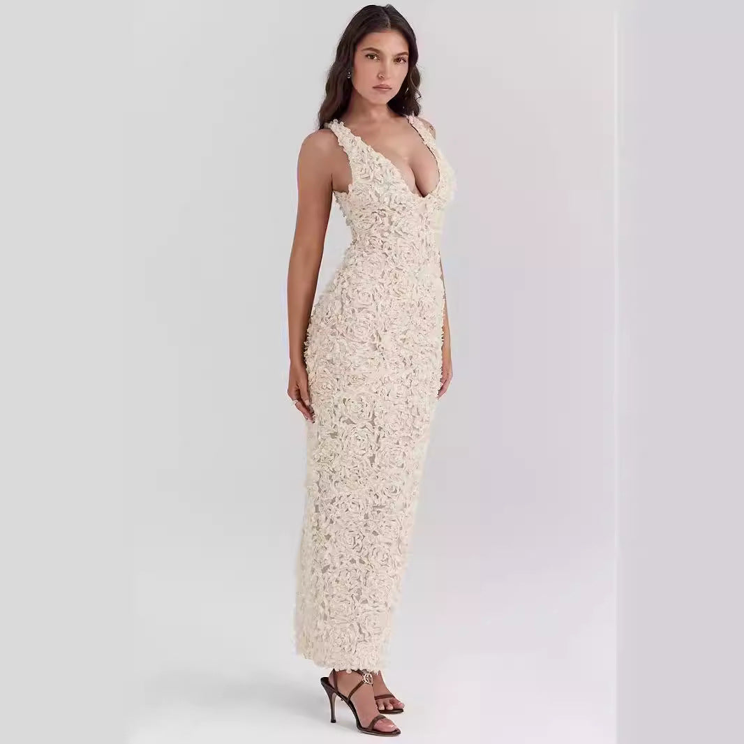 Klänning för dam – Slim Fit – 3D-blommig struktur – Djup V-ringning – Ankellång