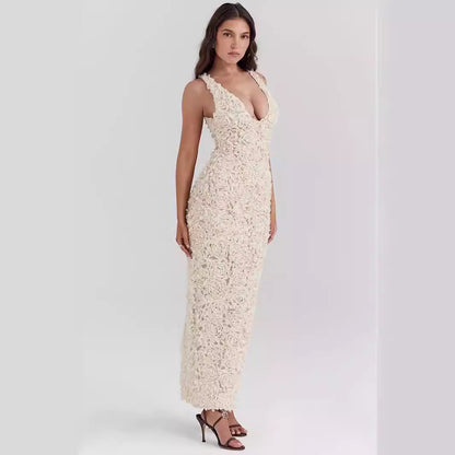 Klänning för dam – Slim Fit – 3D-blommig struktur – Djup V-ringning – Ankellång
