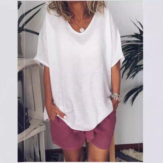 Dam T-shirt – Avslappnad Passform – V-ringning – Kort Ärm – Linne Bomull