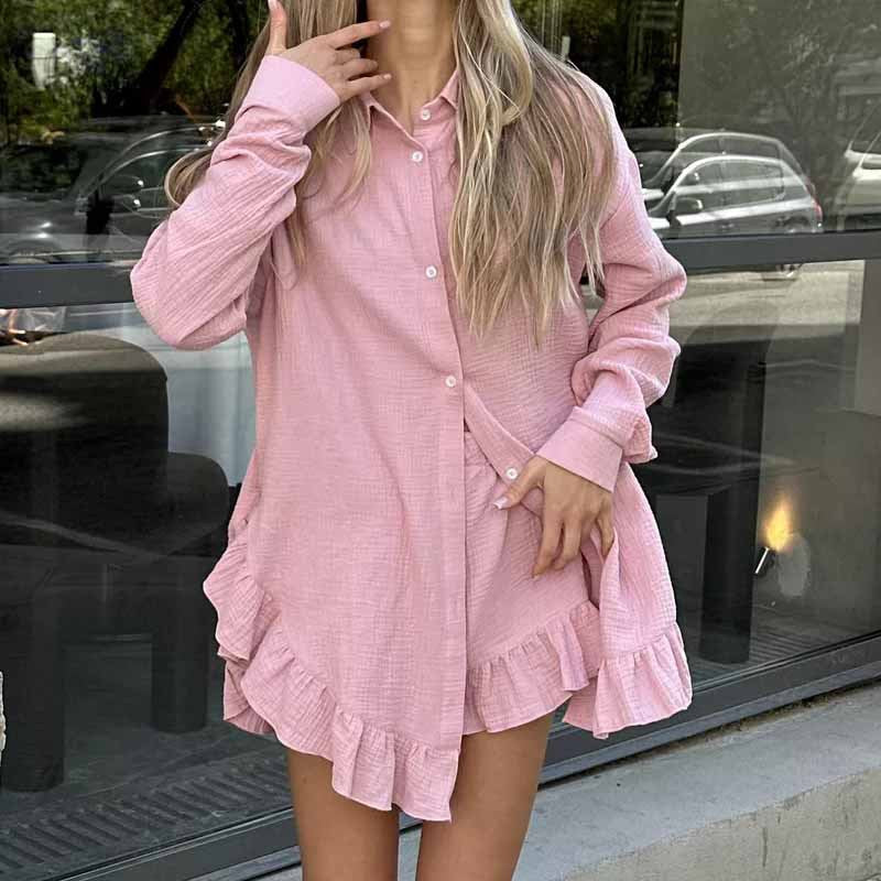 Dam Loungewear Set – Avslappnad Passform – Långärmad Skjorta & Shorts – Hjärtmönster
