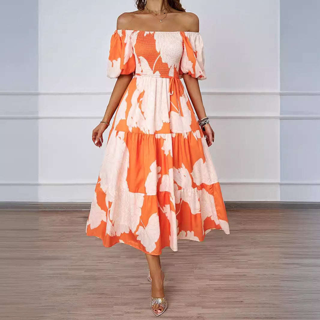 Damklänning midi – Off-shoulder – Puffärm – Smockliv – A-linjeformad kjol