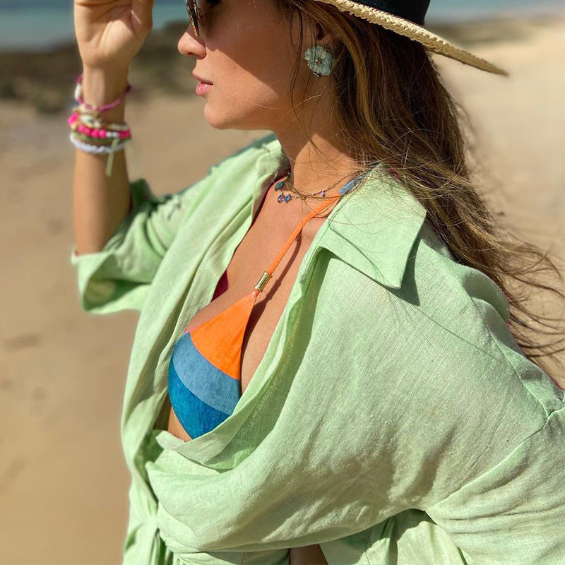 Damklänning omlott – bomullslin – avslappnad passform – minilängd – långa ärmar