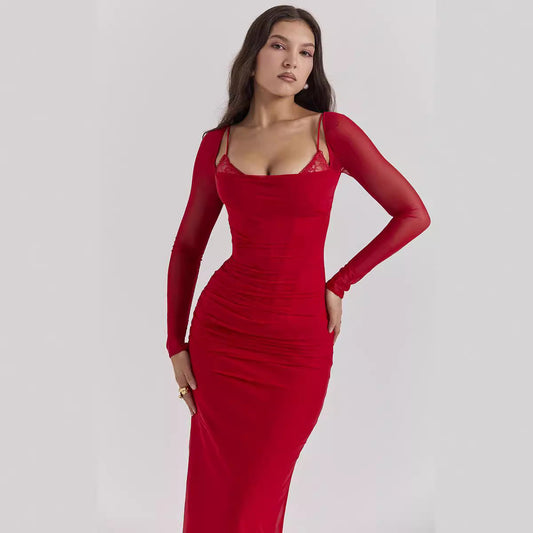 Damklänning – Åtsittande Sheathmodell – Meshärmar – Bar Rygg – Hellång med Slits