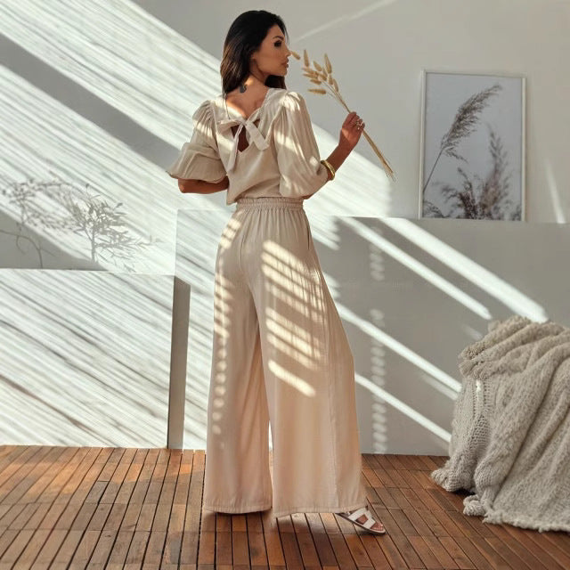 Damset – Lös Topp med Ryggrosett – Vida Byxor med Resårmidja i Andningsbar Mix