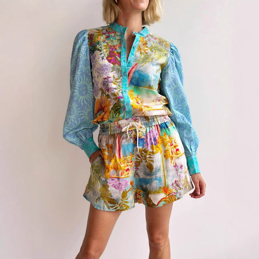 Damset med skjorta och shorts – Linne – Avslappnad passform – Print – Dragsko i midja