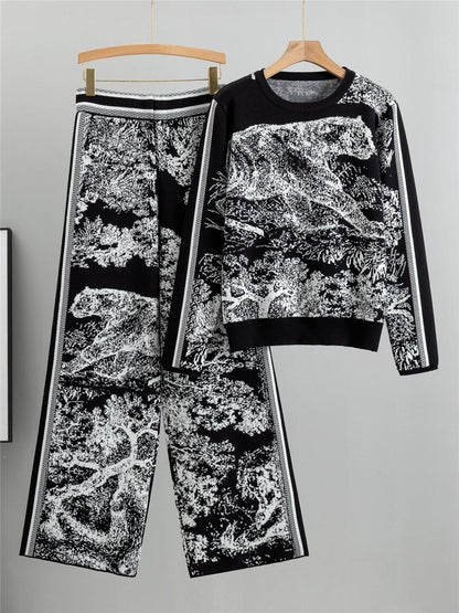 Damset med tröja och byxa – Jacquardstickad – Vida ben – Hög midja – Avslappnad passform