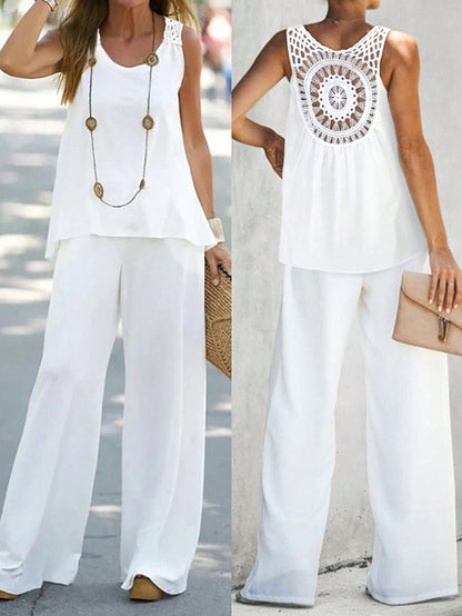 Damset – Linne – Ärmös virkad topp – Vida ben – Hög midja – Ledig passform