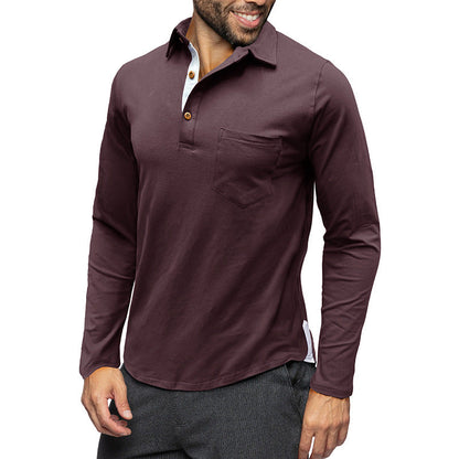 Herrpikétröja med lång ärm – Slim Fit – Bomull – Bröstficka – Knappslå