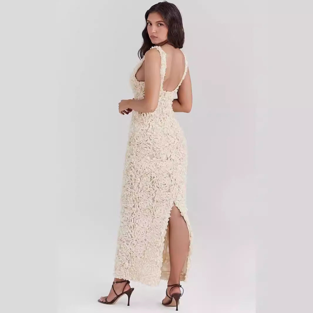 Klänning för dam – Slim Fit – 3D-blommig struktur – Djup V-ringning – Ankellång