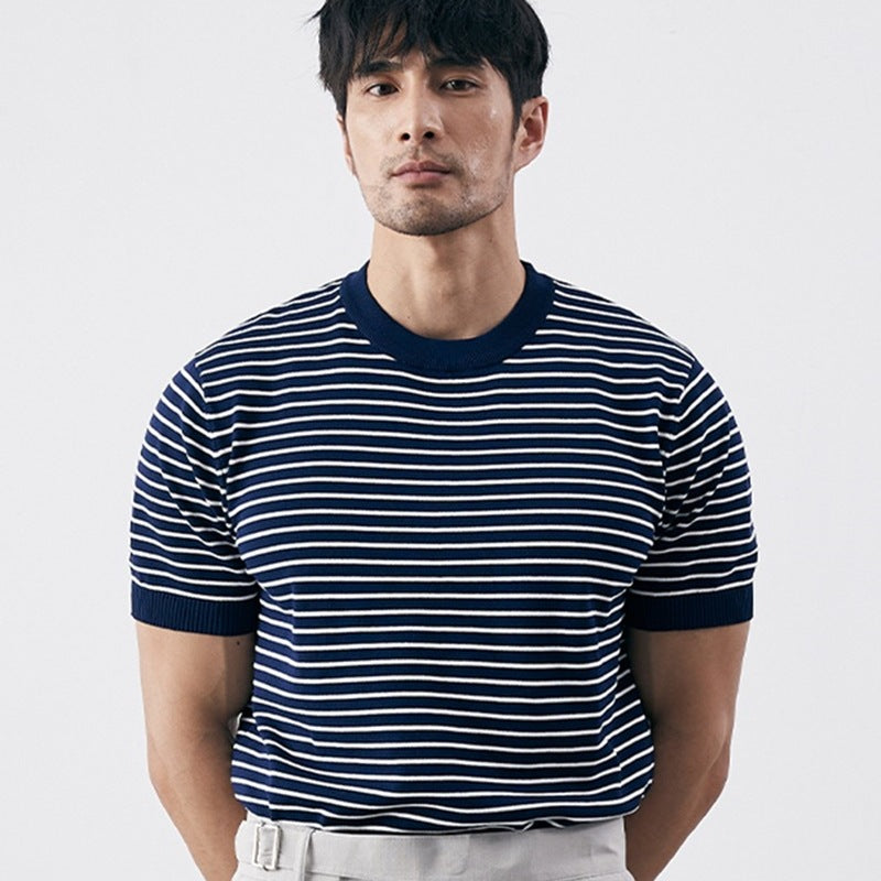 Herr T-shirt – Slim Fit – Stickad Bomullsblandning – Horisontella Ränder