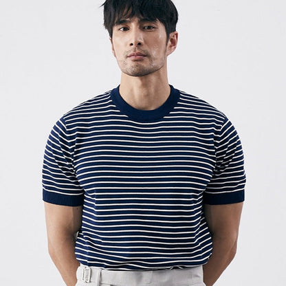 Herr T-shirt – Slim Fit – Stickad Bomullsblandning – Horisontella Ränder