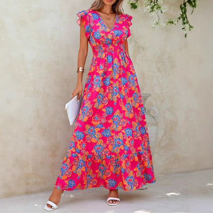 Damklänning maxilängd – Ärmlös – Blommigt tryck – V-ringning – Avslappnad passform