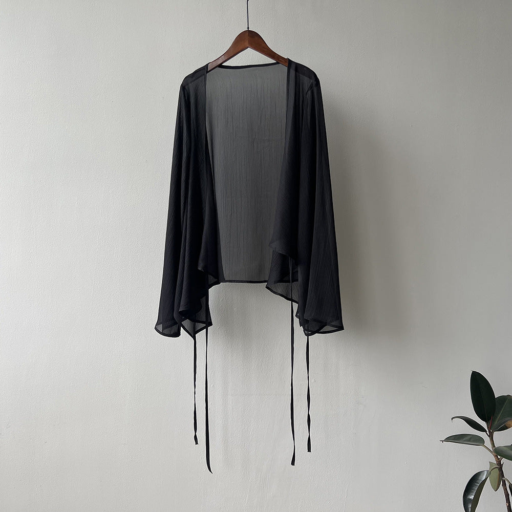 Damkofta – Lätt Transparent Chiffontyg – Lös Passform – Öppen Front Lång Ärmar