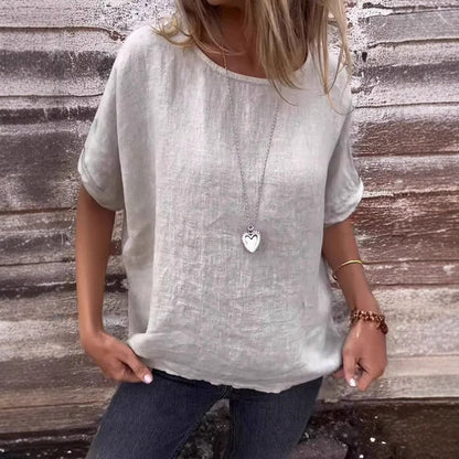 Dam T-shirt – Linneblandning – Lös Passform – Kort Ärm – Andningsbar Vardagsstil