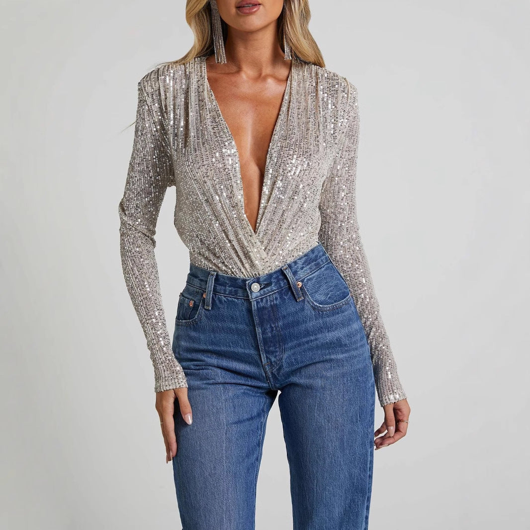 Dam Bodysuit – Slim Fit – Paljettdekor – Djup V-ringning – Lång Ärmar Festplagg