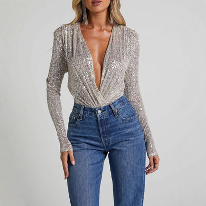Dam Bodysuit – Slim Fit – Paljettdekor – Djup V-ringning – Lång Ärmar Festplagg