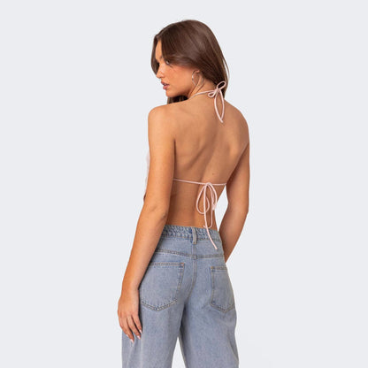 Dam Crop Top – Paljett – Figurnära Passform – Halterneck – Djup V-ringning – Festtop
