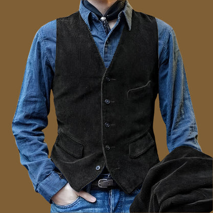 Herrväst – Skräddarsydd Passform – Mjuk Ribbstruktur – Knäppning Fram – Vintage Stil