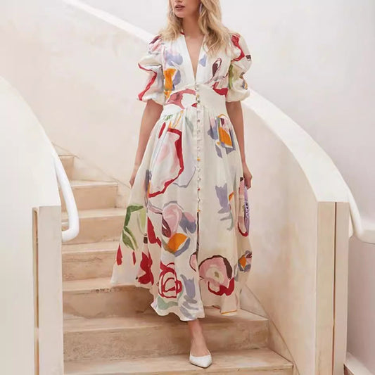 Damklänning – Maxilängd – Avslappnad Passform – Naturliga Fibrer – Ballongärmar – Knäppning Fram