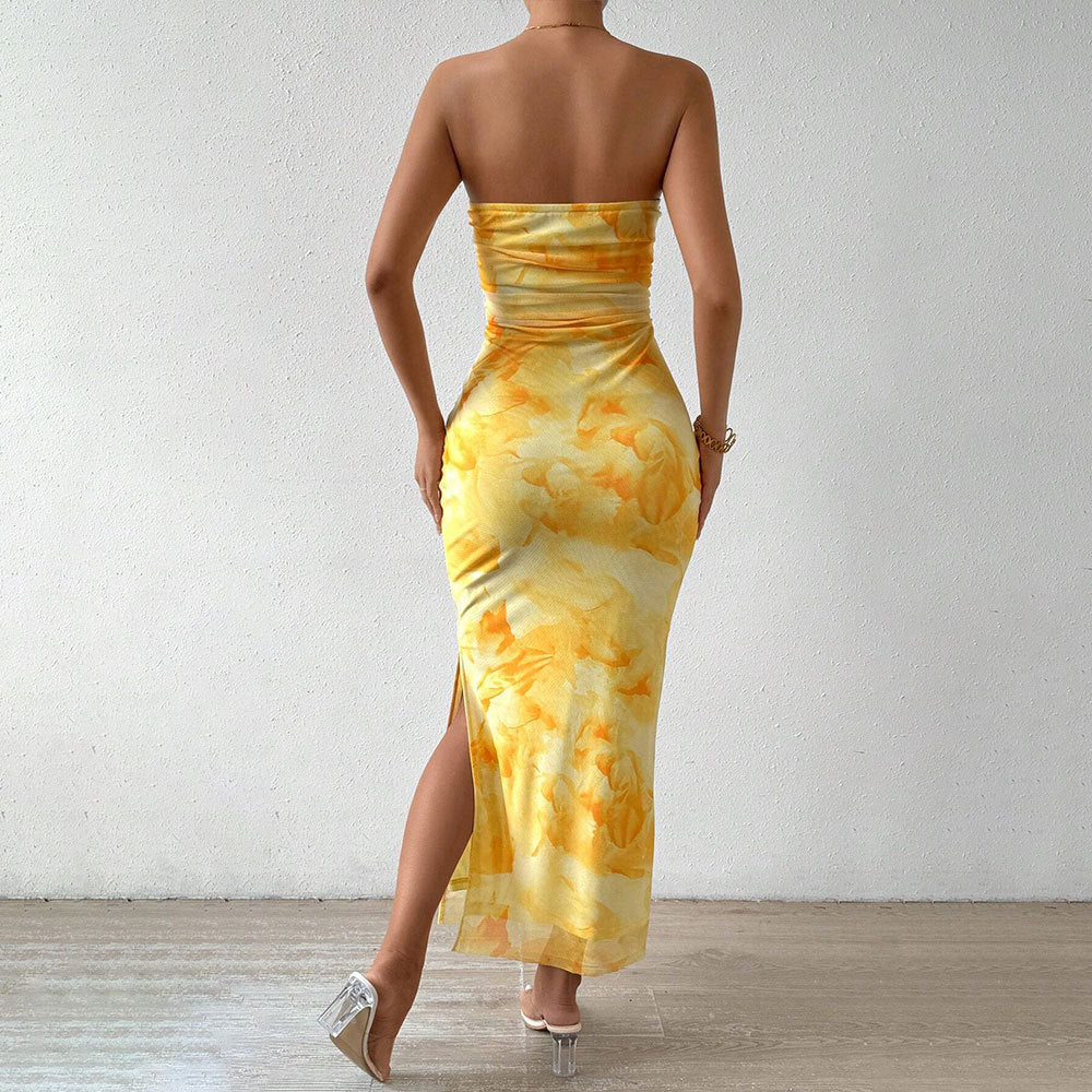 Damklänning Maxi – Figurnära Passform – Axelbandslös – Mesh – Slits – Elegant