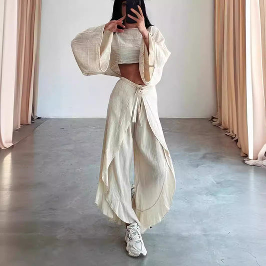 Damset – Linneblandning – Vidärmad Kort Top – Vida Byxor med Volang – Avslappnad Passform