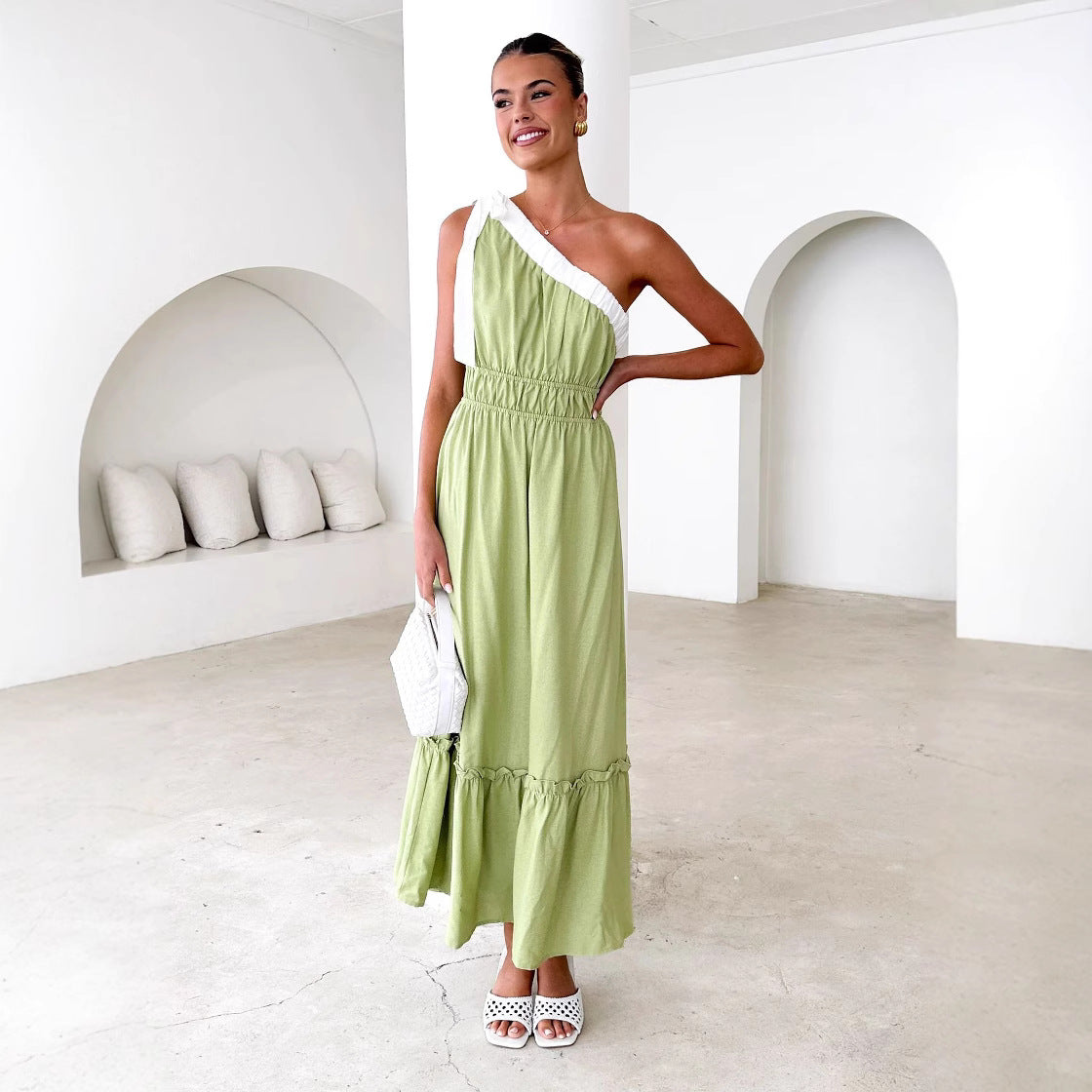 Damklänning – Enaxlad – A-linjeform – Volangkant – Midilängd – Bomullsblandning