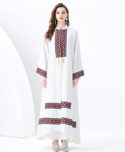 Damset i två delar – Bohemisk Kimono & Ärmlös Klänning – Broderade Detaljer – Tofsband – Lös Passform