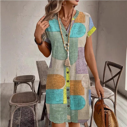 Damklänning v-ringad – Avslappnad passform – Kort ärm – Geometriskt mönster – Andningsbart tyg